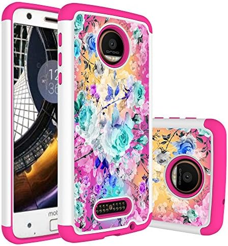 Moto Z Case, Moto Z Droid Case, LUXCA [Unique Rose Flower Design] Dual Layer Shockproof Stylish Protective Case w/ screen protector