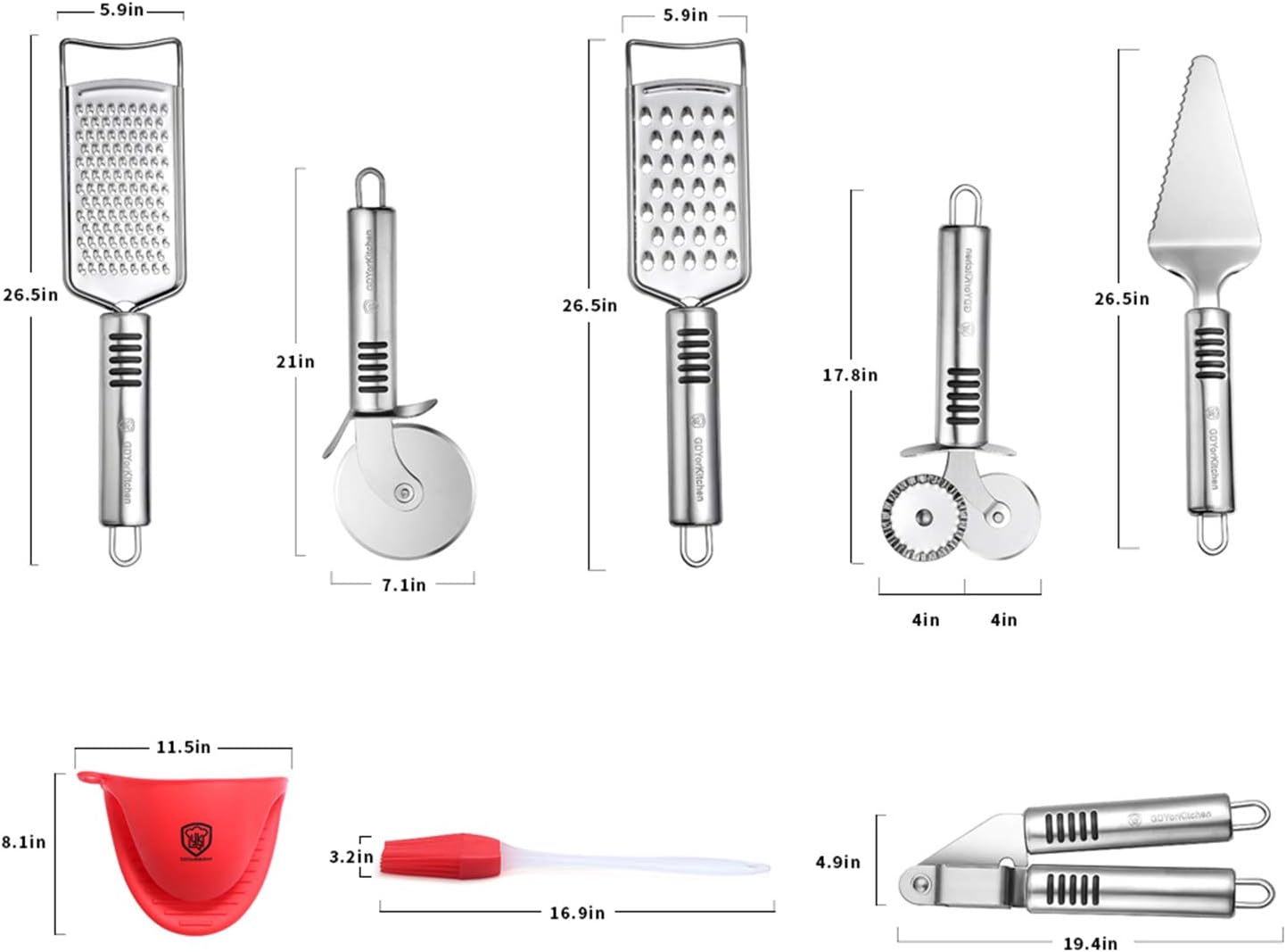Stainless Steel Pizza Cutter Set & Kitchen Gadget Set (6 PCS Set) - Includes Pizza Cutter Wheel, Chocolate & Cheese Grater, Serrated Pie & Cake Server, Garlic Press, Free Brush and Bonus Oven Mitt: Kitchen & Dining