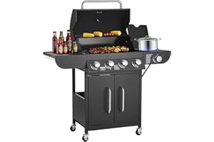 VEVOR Gas Grill, 4 Burner Propane Gas Grill with Side Burner, 425 SQ.In Grilling Area, Carbon Steel Enamel Grates, Outdoor 52