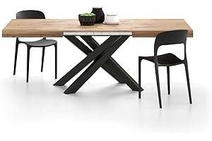 Mobili Fiver, Emma 140 Extendable Dining Table, Rustic Oak with Black Crossed Legs, Laminate-Finished/Iron, Made in Italy