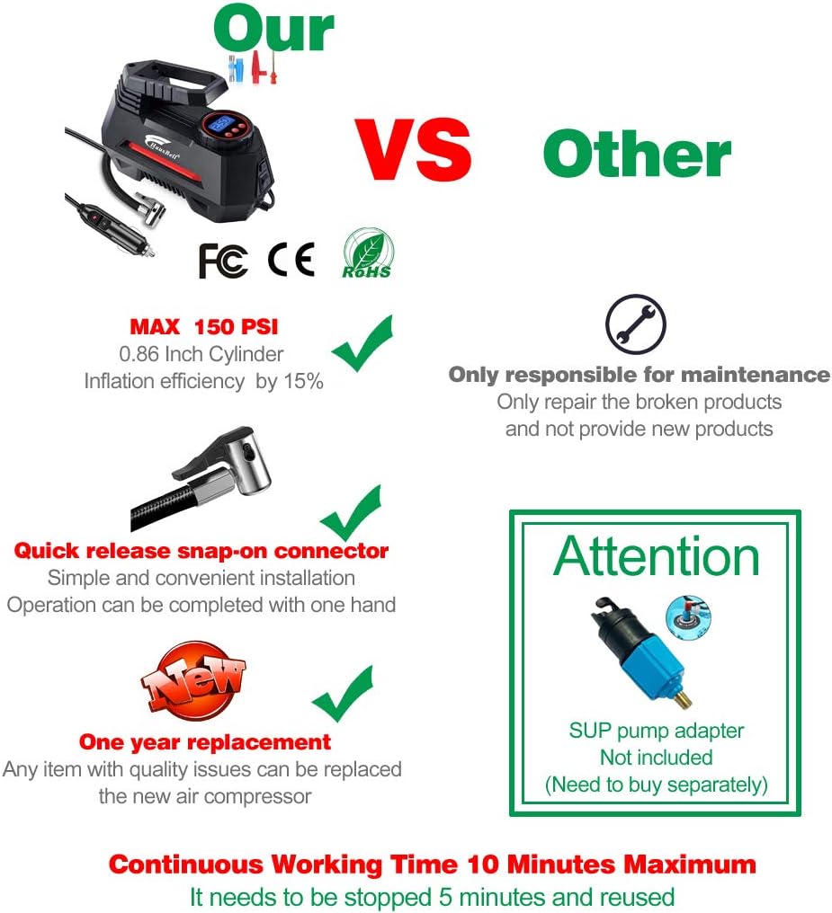 HAUSBELL Portable air Compressor for Car Tires, 12V DC Air Compressor tire inflator Pump, 150 PSI with Emergency LED Flashlight for Car, Motorcycles, Bicycles,Inflatables (Black): Automotive