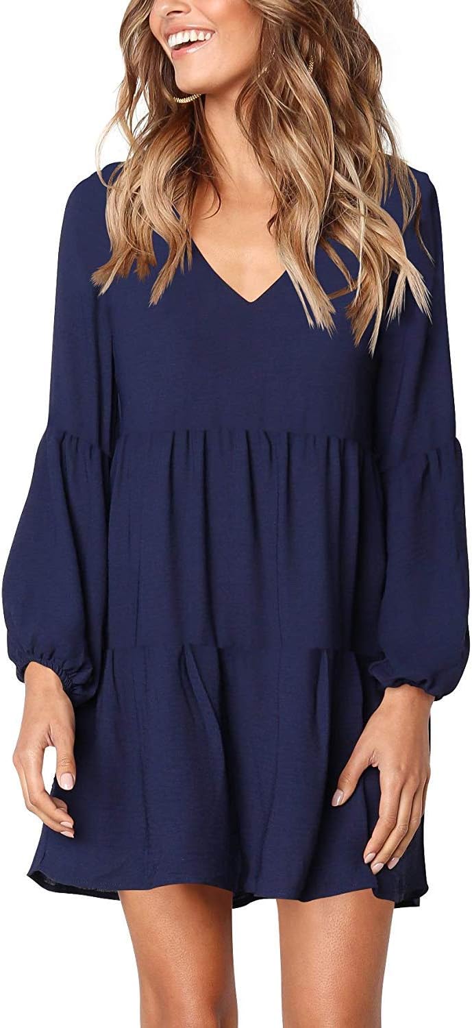 Dasbayla Ladies Casual Dresses Plain V Neck Long Sleeve Swing Dress