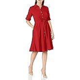 Sharagano Button Front Belted Shirt Dress with Roll Up Sleeves, Crimson Ruby, 10
