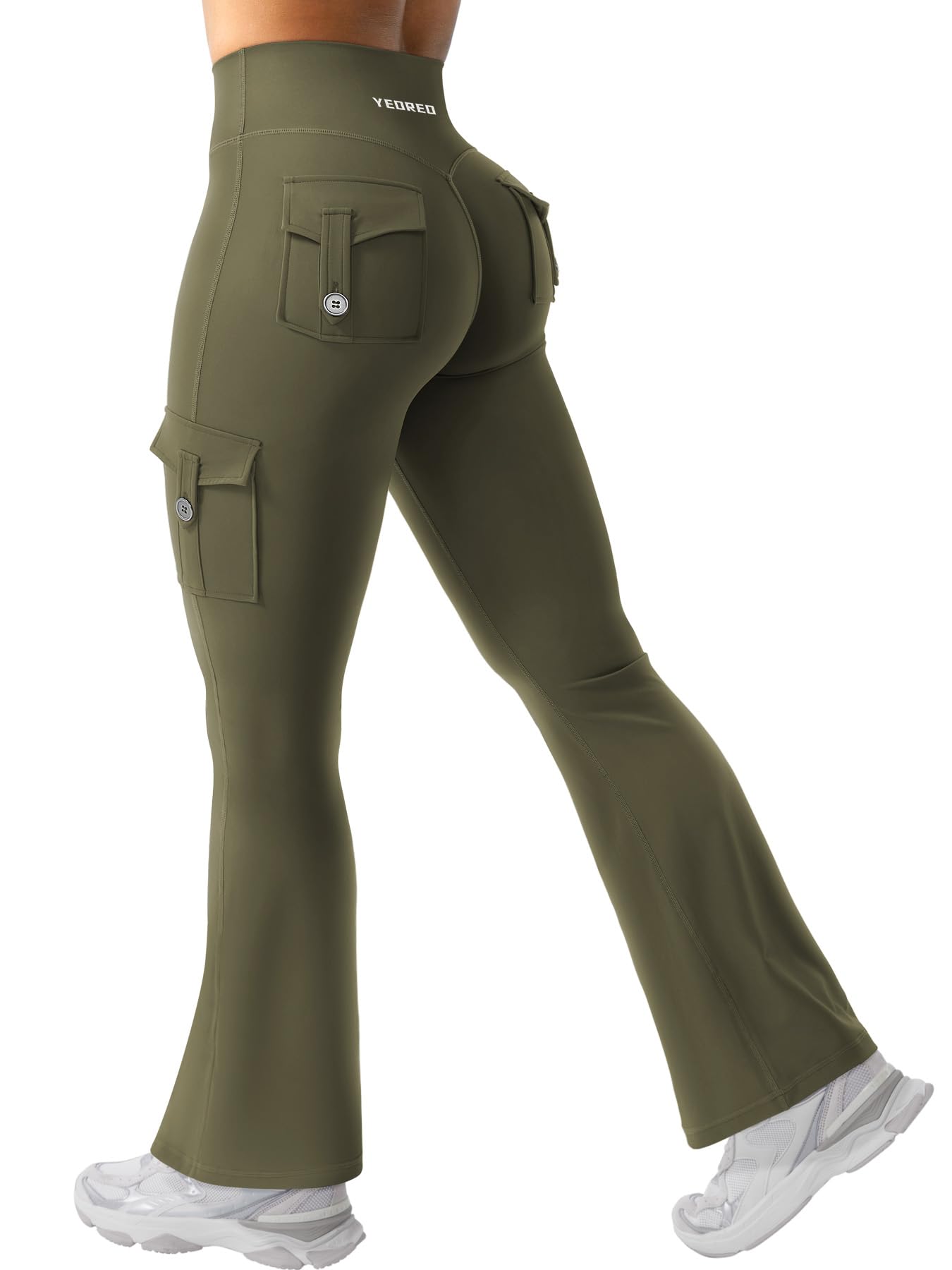 Photo 1 of YEOREO CoreFlex Women Workout Flare Leggings with Pockets Scrunch Cargo Gym Yoga Leggings Army Green S
