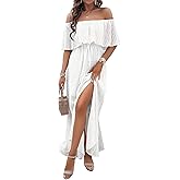 SOMTHRON Women's Boho Off Shoulder Maxi Dress Swiss Dot Ruffle Side Slit A Line Flowy Beach Vacation Long Sundress