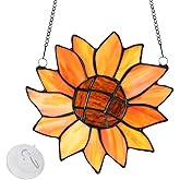 Lewondr Sunflower Stained Glass Window Hanging, Handcrafted Stained Glass Panels Decoration with Chain and Suction Cup Hook, Natural Sunflower Window Home Decor Wall Art for Mom Plant Lovers, Orange