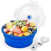 Lunbengo 1200ml Large Collapsible Lunch Bowl With Lid, Camping Bowls with Foldable Spoon, Silicone Bento Box, For Meal Prep & Food Storage, Space Saving In Cabinet, Microwave Dishwasher Safe, Blue