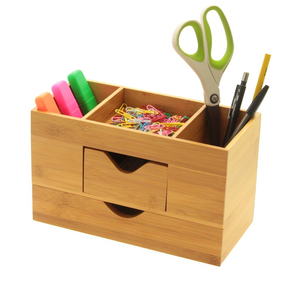 Desk Organiser Tidy, Stationery Box Made of Natural Bamboo Wood