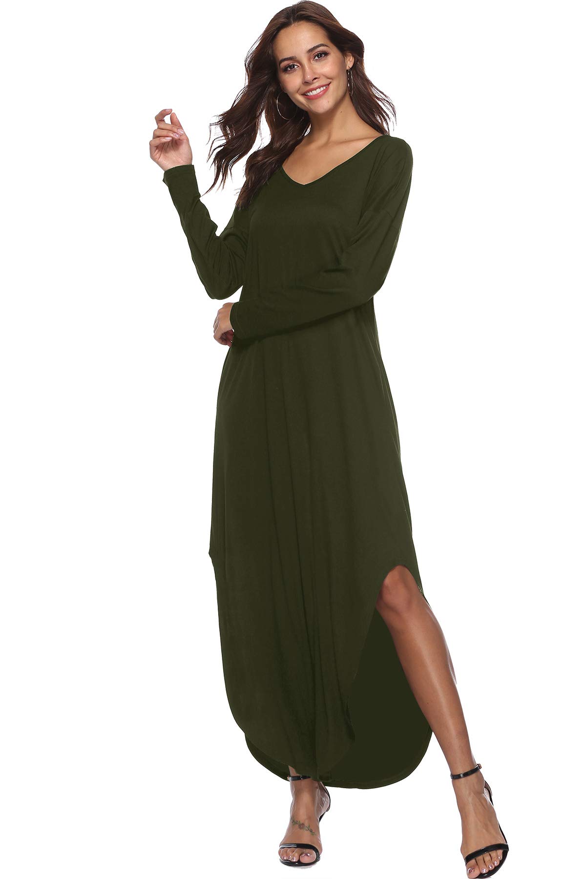 RQH Women's Autumn Long Sleeves Casual Loose Side Split Maxi Knit