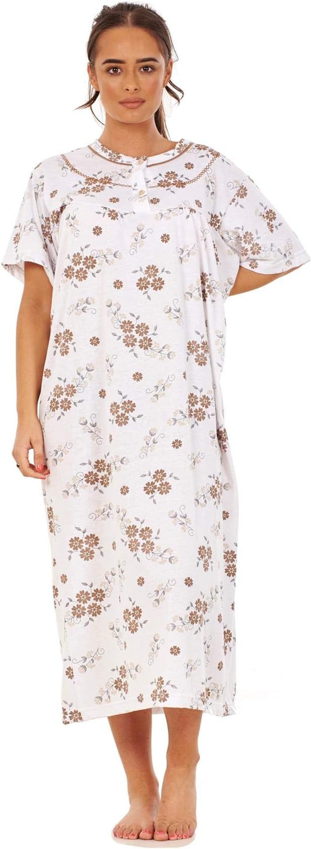 ApparelWomen Long Nightdress 100% Cotton Floral Button Short Sleeve Nightwear M to 3XL