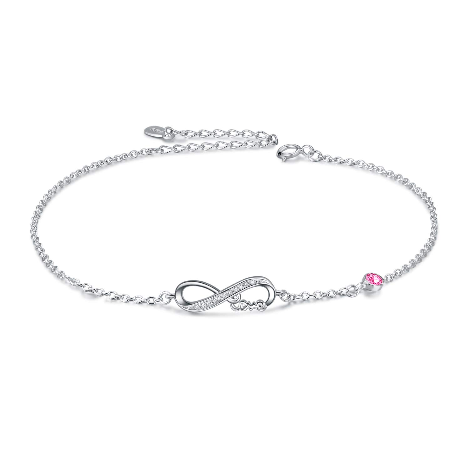AOBOCO 925 Sterling Silver Infinity Bracelet with Birthstone Crystals, Birthday Gifts for Her Girlfriend Wife (10-October-Pink)