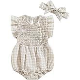 Infant Baby Girl Summer Outfit Clothes Sleeveless Smocked Cotton Linen Romper with Headband