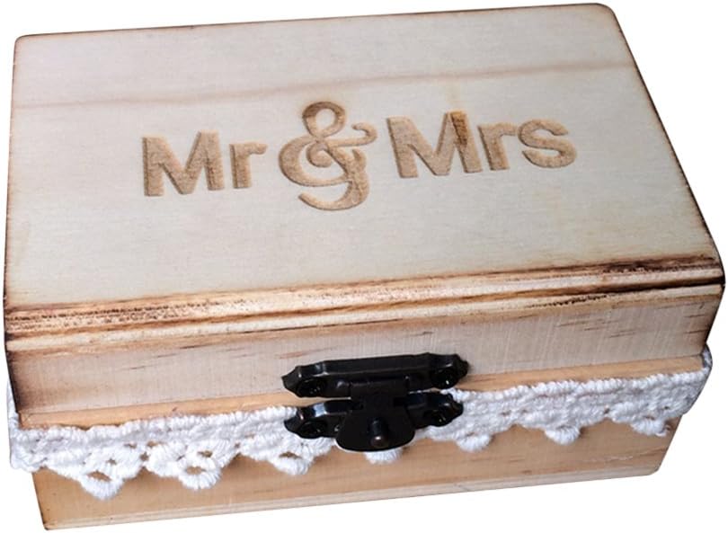TOPBATHY Holz Ring Box Vintage Rustikale Mr Mrs Spitze Hochzeit Ring Box Verlobungsring Schmuckschatulle für Verlobung Heiratsantrag (Holz Ring Box)