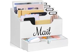 ANRXNCY Desktop Mail Organizer with 4 Large Compartments and Drawer, Wood Mail Holder Sorter Organizer Holder,Countertop Desk Office Accessories Organizer for File Letter Paper Folder, Desk Drawer Organizer