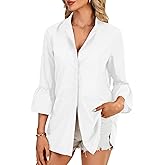 LYANER Women's 3/4 Length Bell Sleeve Collar V Neck Button Down Blouse Shirt Top