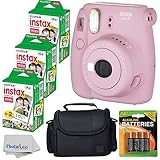 Fujifilm Instax Mini 8+ (Strawberry)Instant Film Camera W/ Self Shot Mirror + Fujifilm Instax Mini 3 Pack Instant Film(60 Shoots) + Case + Batteries Top Kit - International Version (No Warranty)