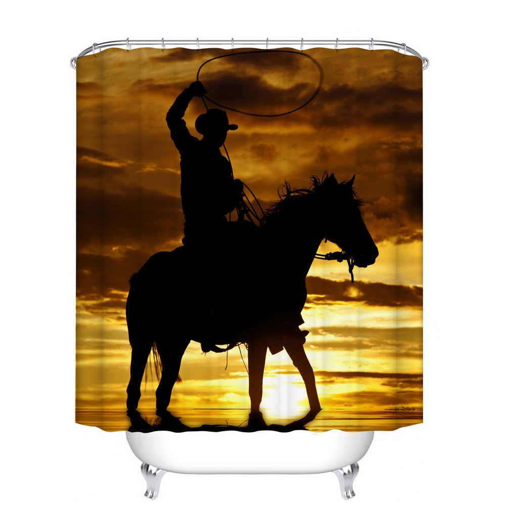 Fangkun Bathroom Decor Shower Curtain Horse Riding Pattern - Polyester Fabric Waterproof Bath Curtains - 12 pcs Shower Hooks - 72 x 72 inches