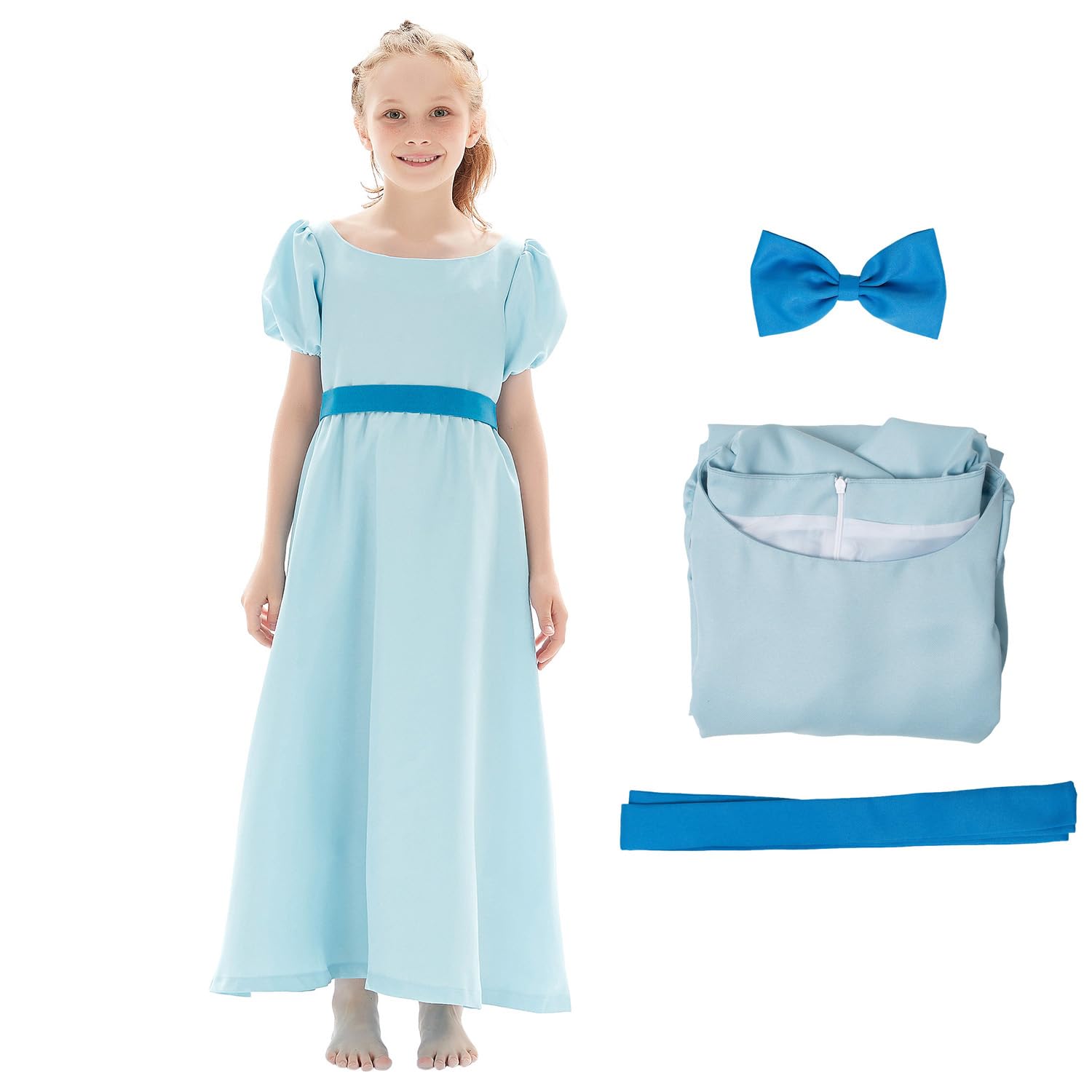 KoleGoe Princess Dress Kids Cosplay Costume Blue With Belt Bow Outfit Halloween Set