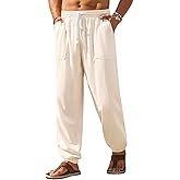 Runcati Mens Casual Pants Elastic Waist Drawstring Summer Cotton Jogger Pants Linen Yoga Beach Trousers with Pockets