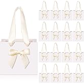 Kolldenn 50 Pcs No DIY Small Gift Bags with Beige Bow Ribbon 4''x2.7''x4.5'' Mini White Paper Thank You Bags Bulk with Handle for Baby Shower Wedding Party Favor Birthday Return Guests