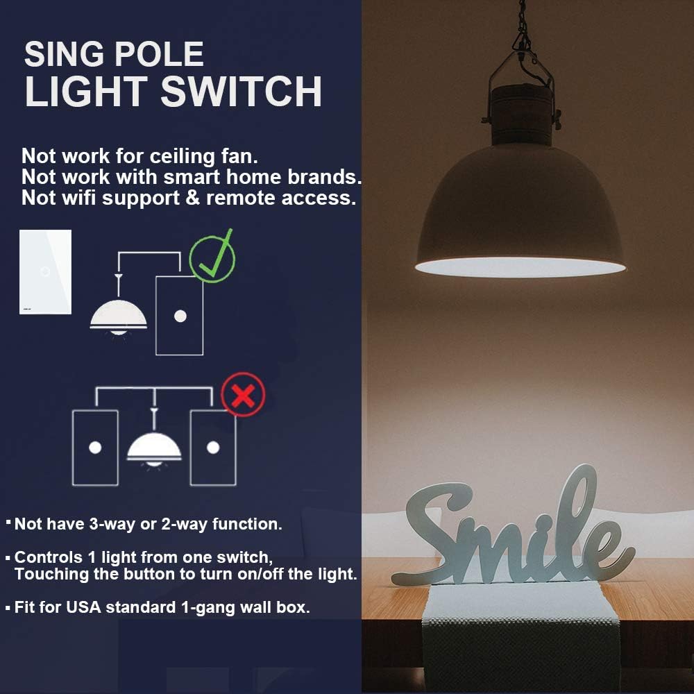 LIVOLO Light Switch((No Neutral)), Tempered Glass Panel Touch Light Switch with Indicator Light, Modern Wall Touch Switch, 1 Gang 1 Way, White, Single Pole Switches, 5 Pack, C501-11-5P - - 
