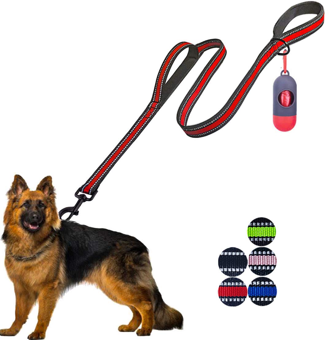 JSXD 5 FT Heavy Duty Double Handle Dog Leash with Comfortable Padded and Reflective Rope, Suitable for Small, Medium, Large Dogs (Wide-Red)