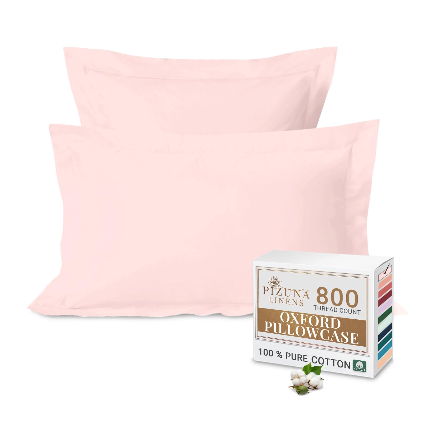 Pizuna Luxurious Cotton Oxford King Size Pillowcases 2 Pack Light Pink 50x90cm, 800 Thread Count Long Staple Combed Cotton Pillow Cover, Crisp Sateen Weave King Pillow Cases (Luxury Pillowcase 2 PC)