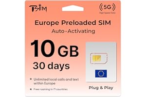 TSIM Europe SIM Card for Travel 30day | 10Gb High speed data | Auto Activating Preloaded SIM Card | UK Three SIM Card Free roaming in 71 countries.