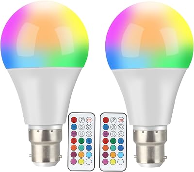 Detake Colour Changing Light Bulb 2 Pack B22 10W RGBW with Remote 12 Colours