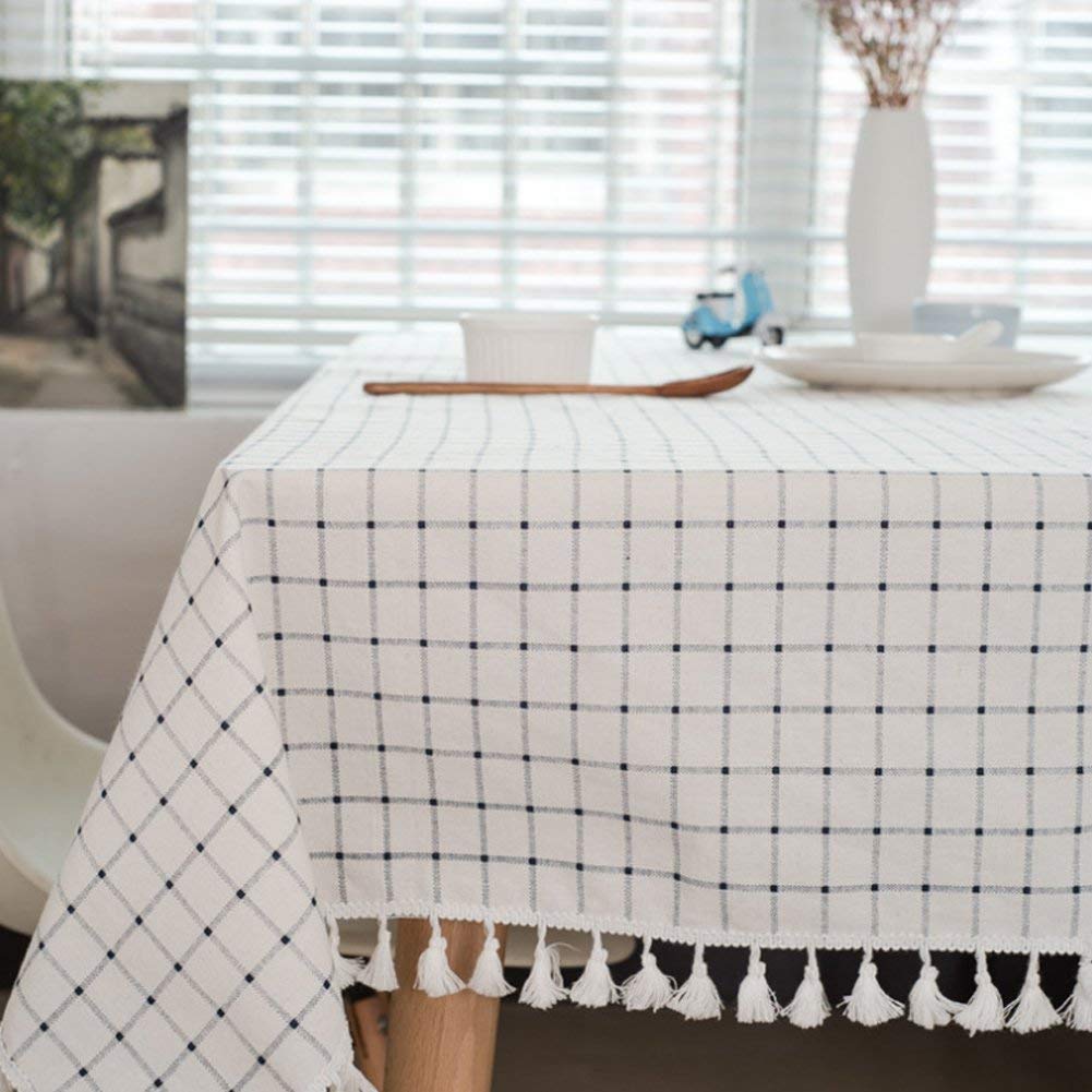 meioro Tablecloth Table Cover Cloth White and blue plaid tablecloths Mediterranean style Fresh and artistic cotton and tassel tablecloths Rectangular coffee table tablecloths(Blue and White,90×90cm) — image 1