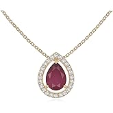 LUSTRE AND LIGHT Natural Gemstone with Moissanite Solitaire Halo Pear Pendant Necklaces for Women in Silver/18K Yellow/Rose Gold Vermeil, Birthstone Jewelry Gifts for Her Birthday, Anniversary