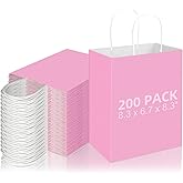 Nyuemystery 200 pack 8.3x6.7x8.3 Inch Pink Kraft Paper Bags with Handles, Bulk Gift Bags for Party Favors, Baby Showers, Birthdays, Retail Shopping Business