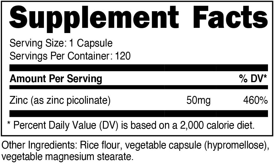 Nutricost Zinc Picolinate 50mg, 120 Vegetarian Capsules - Gluten Free and Non-GMO: Health & Personal Care