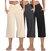 Kivdol 3 Pack Womens Wide Leg Yoga Capris Crossover High Waist Casual Capri Pants Loose Soft Pajama Pockets Sweatpants