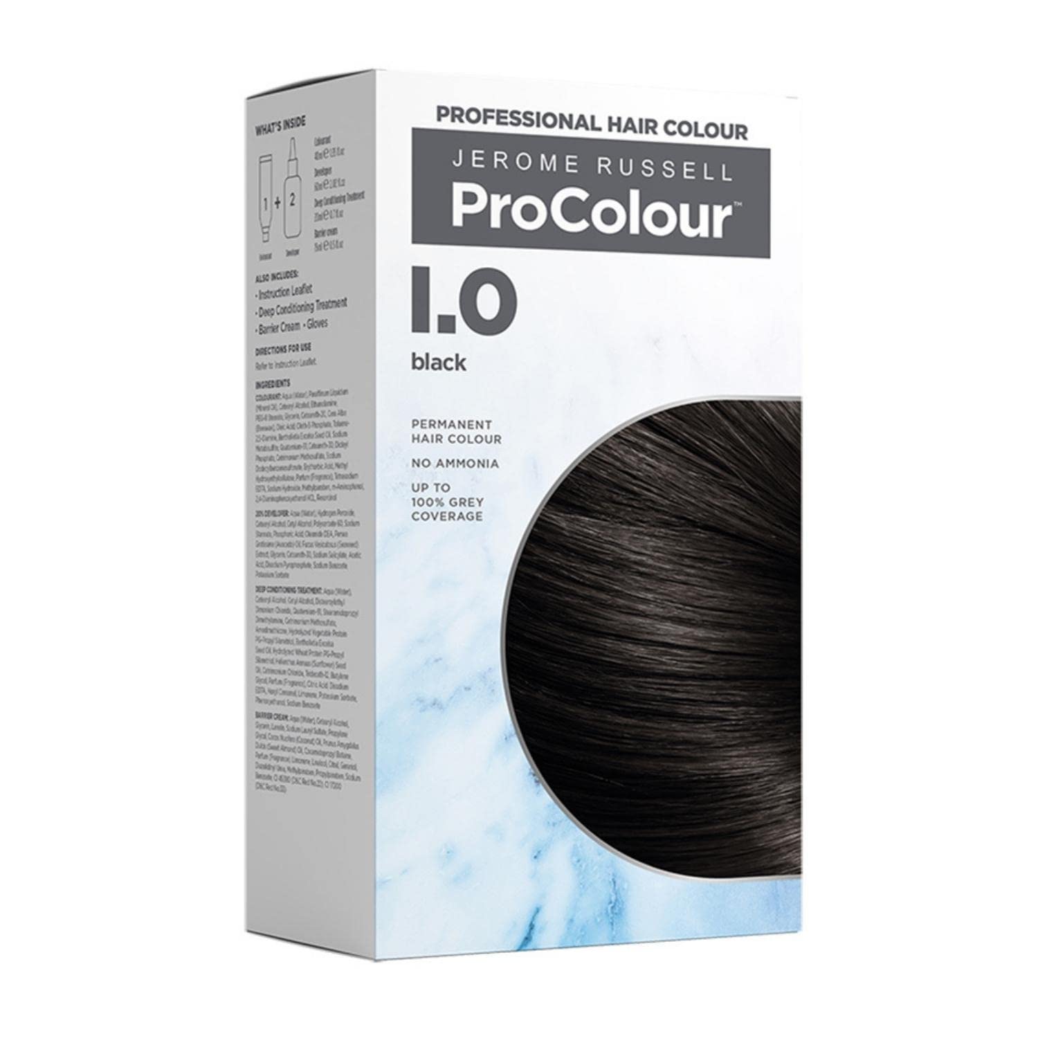 Jerome Russell ProColour Black 1.0 Permanent Hair Colour – Hair Dye for Full Grey Coverage, Shine & Colour Retention, Ammonia Free Hair Dye with Brazil Nut Oil