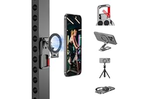 BRDRC Magnetic Phone Mount for MagSafe, Maglock Tripod Adapter Magnet Golf Gym Workout Stand Metal Carabiner Dual Holder with 1/4 Screw Hole, for iPhone 16 15 14 13 12 Series Foldable Portable Accessories