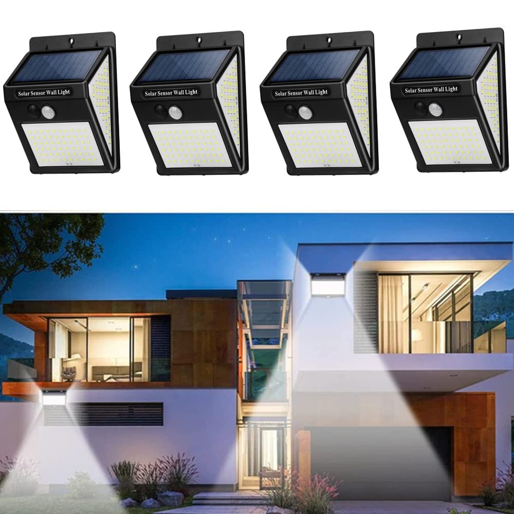 Solar Security Lights Outdoor Motion Sensor, 144 LED Solar Lights Garden Waterproof Wireless Solar Powered Wall Lights Outside, 270°Wide Angle with 3 Modes for Fence Door Yard Garage Pathway (4 Pack)