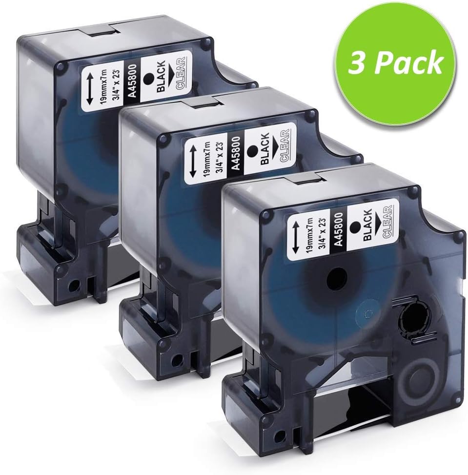 Airmall Compatible Cassette Label Tape for 45800 S0720820, 3/4 Inch (19mm) W x 23 Feet (7m) L, Black on Clear Labeling Tape Compatible for DYMO LabelManager PnP 200 300 420P 450D Label Maker, 3 Pack