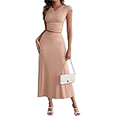 HELYO Women's Casual Sets 2 Piece Outfits Summer Dressy Cap Sleeve V Neck Crop Top High Waist Midi Skirt Set 637
