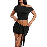 Milumia Women's 2 Piece Sets Off The Shoulder Asymmetric Crop Top Ruched Tie Front Mini Skirt Set