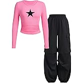 Cakaner Tween Girls Clothes Ribbed Star Printed Shirt + Cargo Pants Sets Fall Outfits Sizes 7-16 Years