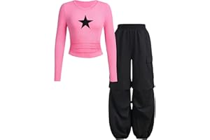 Cakaner Tween Girls Clothes Ribbed Star Printed Shirt + Cargo Pants Sets Fall Outfits Sizes 7-16 Years