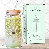 Matcha Glass 16oz Borosilicate Cup with Bamboo Lid and Straw, Reusable Glass Tumbler, BPA Free & Heat Resistant, Matcha Mug Gift for Tea & Latte Lovers