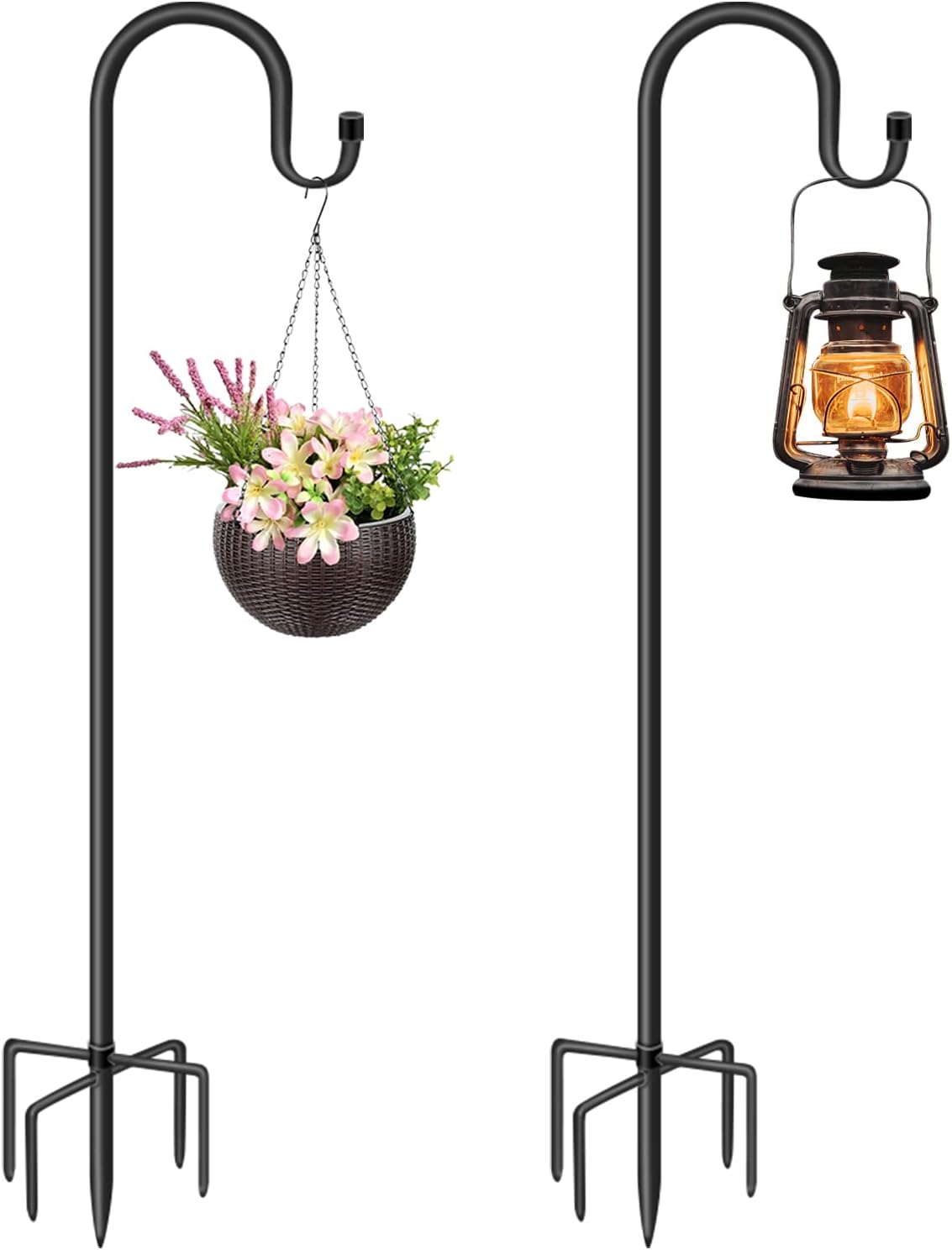 Outdoor Shepherd's Hooks - CL FUN Shepherds Hook Plant Hanger Outdoor 48 Inch 2 Pack, 3/5 Inch Thick, Heavy Duty Shepherd Hook with 5 Prong Base for Weddings, Hanging Plant Baskets, Solar Lights, Lanterns, Holiday Decorations