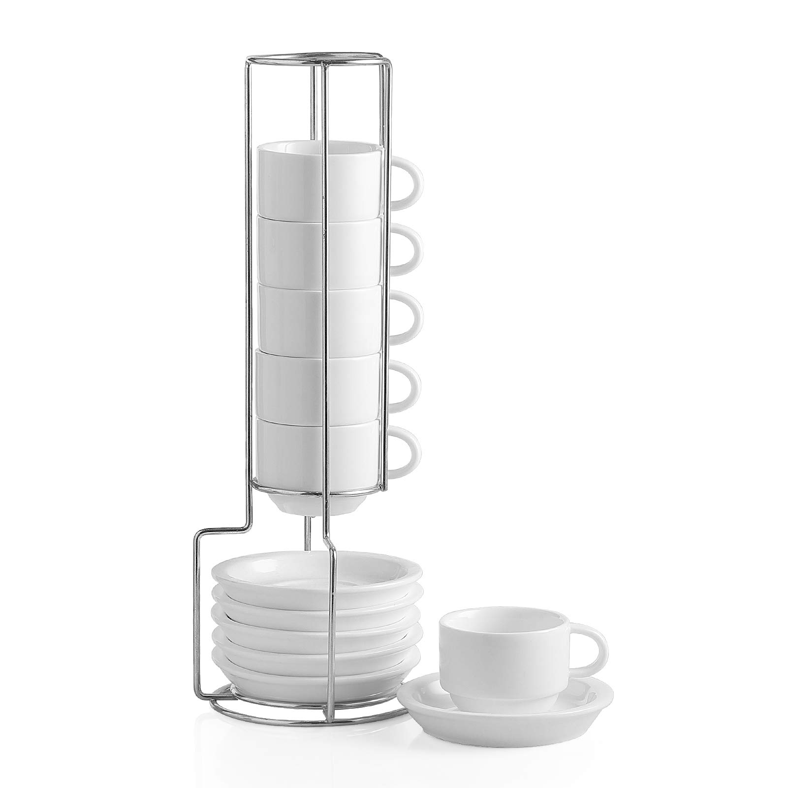 Sweejar Home Porcelain Espresso Cup & Saucer Set, Stackable Demitasse Cups with Metal Stand, 70 ml for Latte,Coffee,Cafe Mocha,Tea, Set of 6 (White)