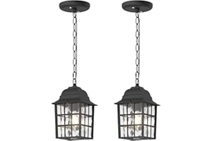 Aoceley Outdoor Pendant Light 2 Pack, Exterior Ceiling Hanging Lantern Porch Light with Water Glass, 1-Light Outdoor Hanging Lantern Light Black Exterior Pendant Lighting Fixture for Porch