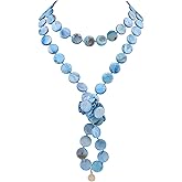 Firstmeet Flat Round Coin Shell Beads Long Knotted Necklace Natural Mother of Pearl Handmade Jewelry For Women