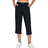 Oalka Women's Cargo Capri Pants Relaxed Fit Knit Waist Cropped Pant Casual Hiking Capris