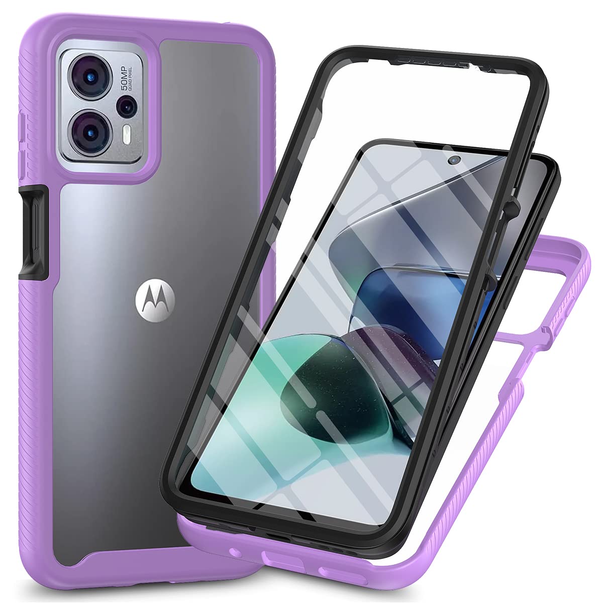 Moto G13 / Moto G23 Case with Built-in Screen Protector, 360 Full Body Protective Cover Heavy Duty Anti-Scratch Shockproof Slim Silicone Bumper Clear Phone Case for Motorola Moto G13/G23, Purple