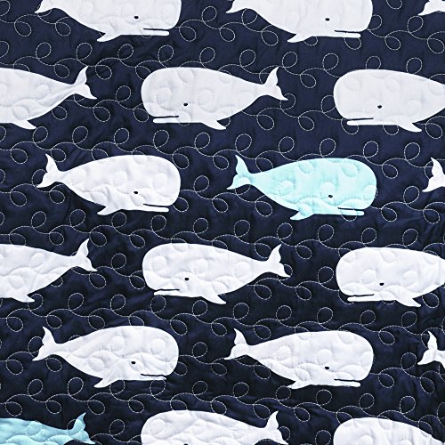Lush Decor Whale Kids Reversible 4 Piece Quilt Bedding Set with Sham and Decorative Throw Pillows, Twin, Navy
